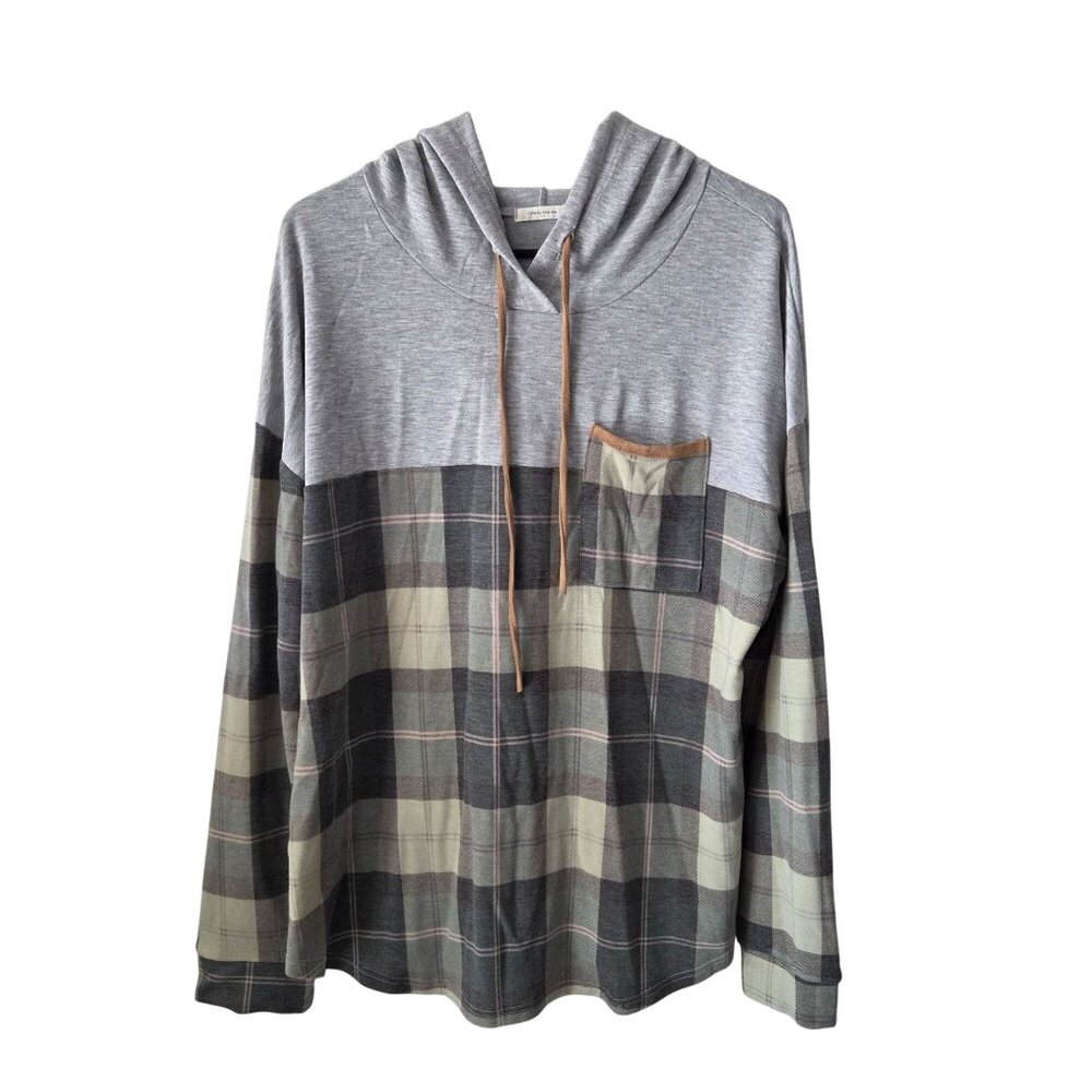 12PM Mon Ami Womens L Plaid Color Block Hoodie Long Sleeve With Pocket Stretch